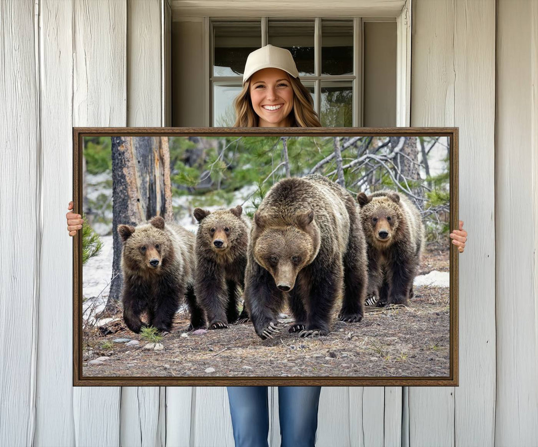 The wall art, a breathtaking canvas print titled "Queen of the Tetons," features 399 Grizzly Bear Cubs majestically captured in a forest setting. It is printed on premium canvas and handmade in the USA.