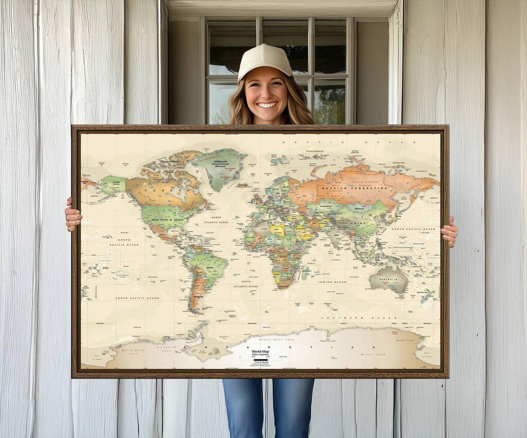 The Large Push Pin World Map Wall Art Canvas Print, with a gallery-quality finish, is carefully crafted on premium canvas and handmade in the USA. This piece adds a touch of elegance to any space.