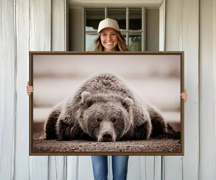 The Grizzly Bear Wall Art Print - a Rustic Bear Portrait Canvas - serves as the centerpiece on the wall, creating an elegant, nature-inspired decor.