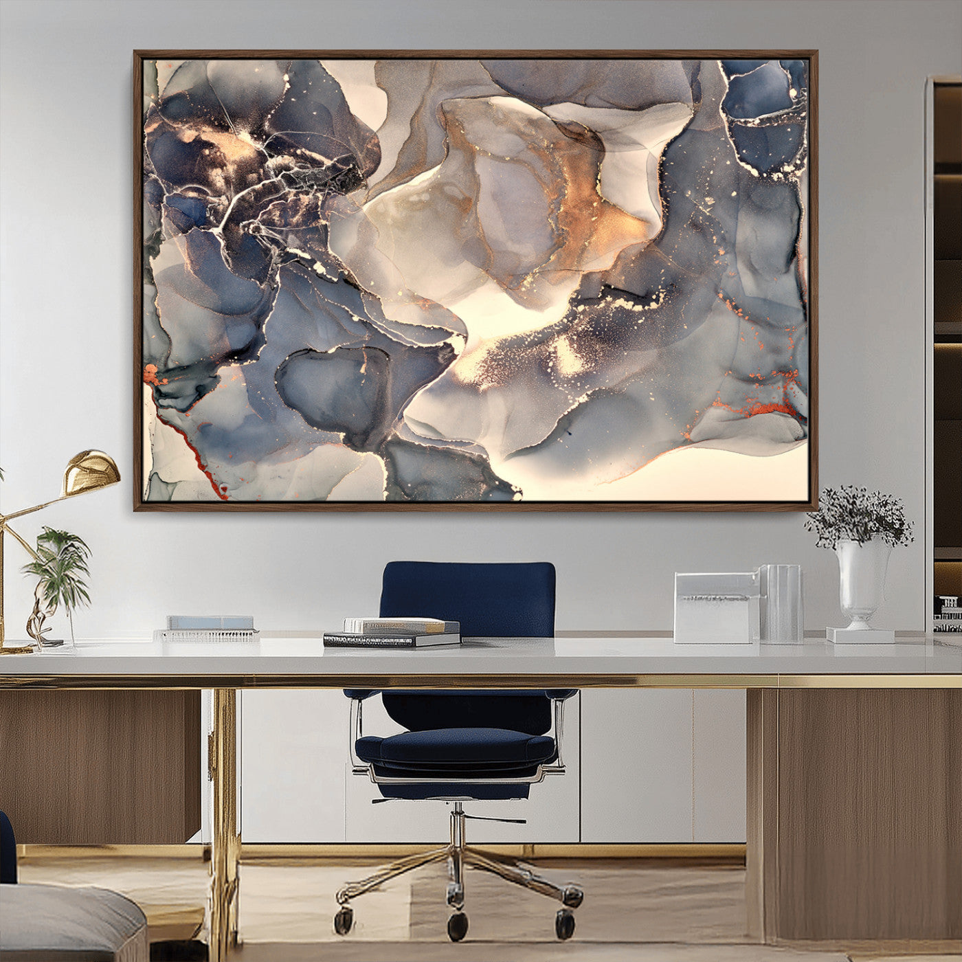 MGV-FC-36X24 - Abstract Blue and Gold Wall Art - Fluid Ink Artwork - Modern Luxury Wall Decor for Contemporary