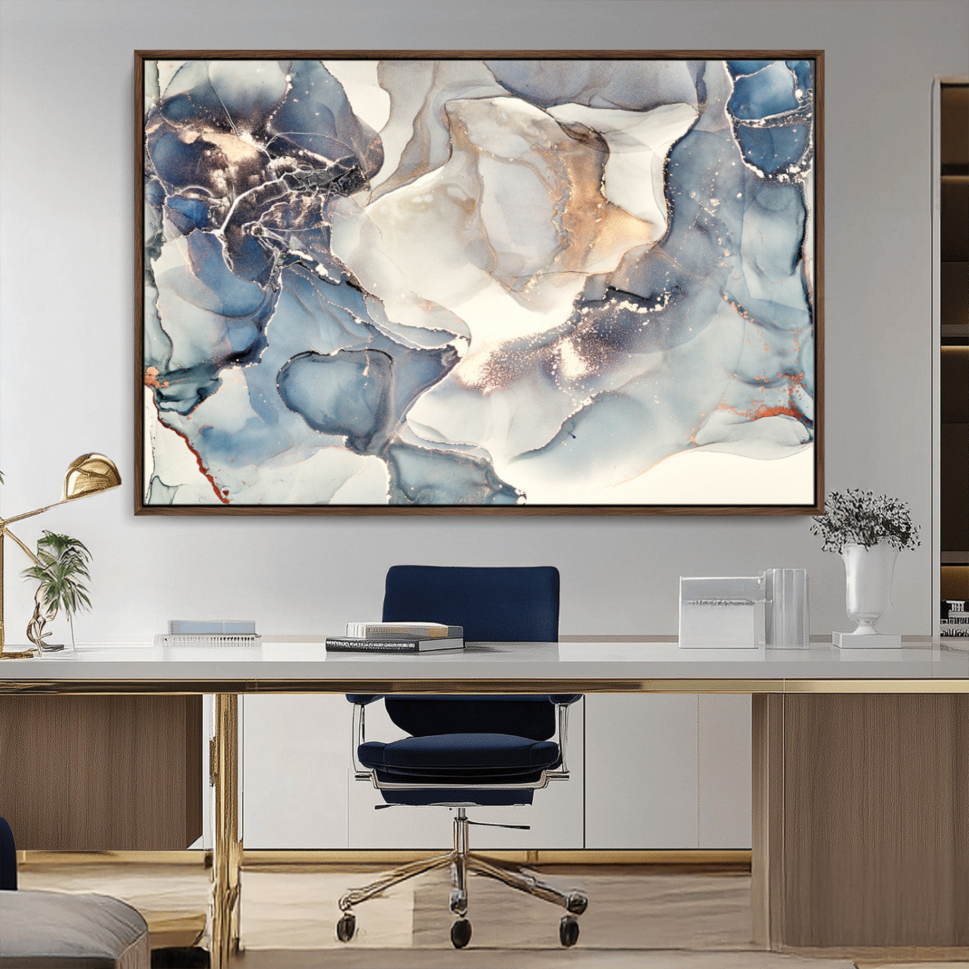 MGV-FC-36X24 - Abstract Blue and Gold Canvas Wall Art - Fluid Ink Artwork - Modern Luxury Wall Decor for Contemporary Interiors