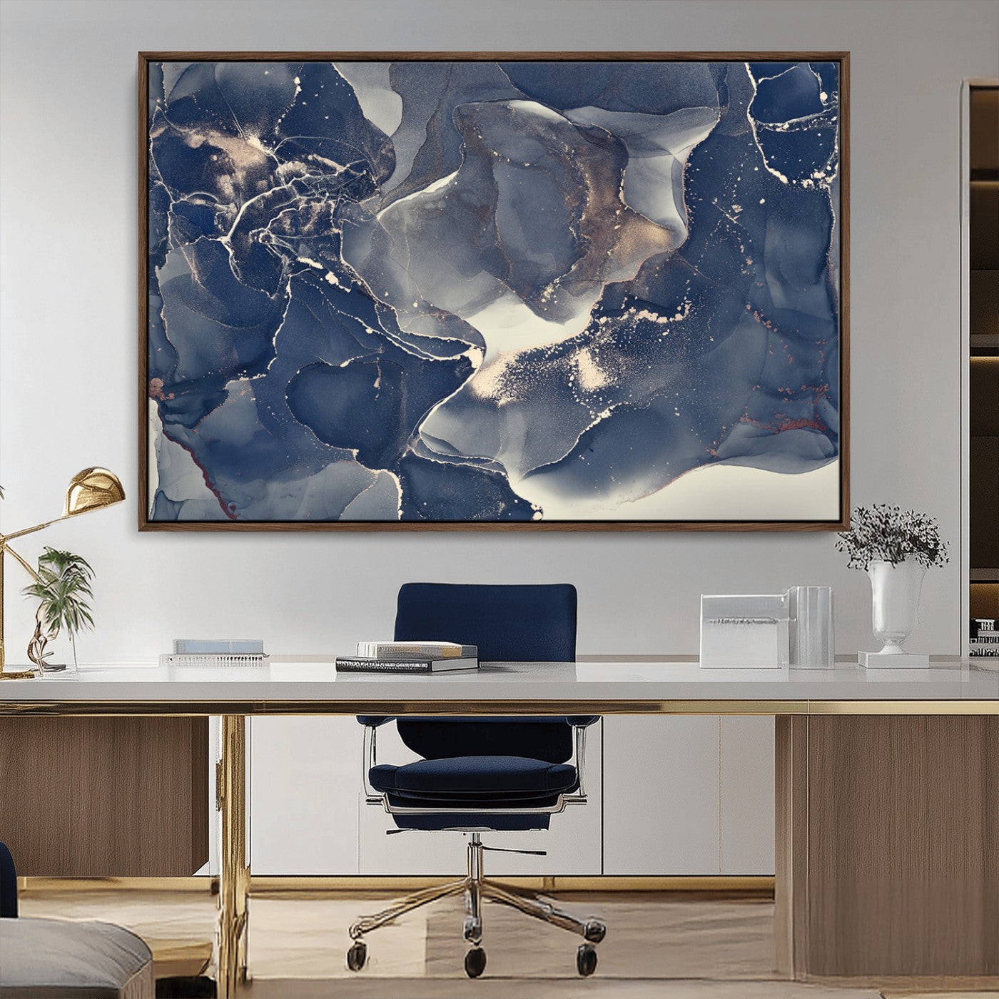MGV-FC-36X24 - Large Abstract Blue and Gold Canvas Wall Art | Fluid Ink Artwork Print | Luxury Wall Decor for