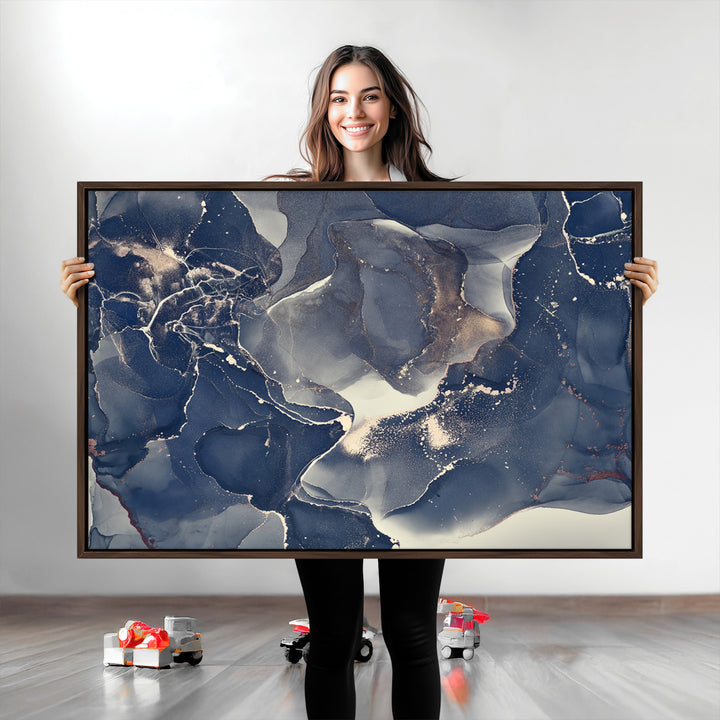 Large Abstract Blue and Gold Canvas Wall Art | Fluid Ink Artwork Print | Luxury Wall Decor for Contemporary Interiors | Framed Ready to Hang