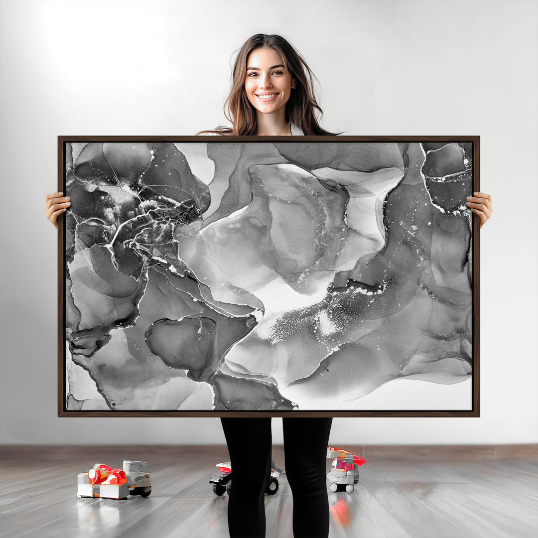 Black White Abstract Canvas Wall Art - Fluid Ink Artwork - Modern Luxury Wall Decor for Contemporary Interiors