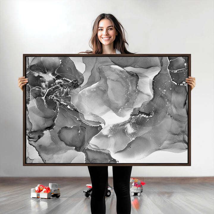 Black White Abstract Canvas Wall Art - Fluid Ink Artwork - Modern Luxury Wall Decor for Contemporary Interiors
