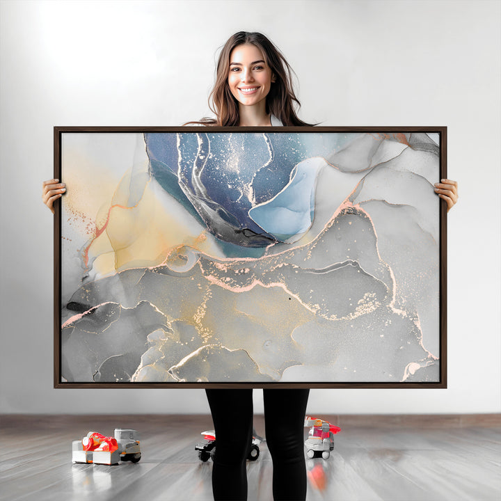 Large Abstract Blue and Gold Canvas Wall Art | Fluid Ink Artwork Print | Luxury Wall Decor for Contemporary Interiors | Framed Blue and Gold