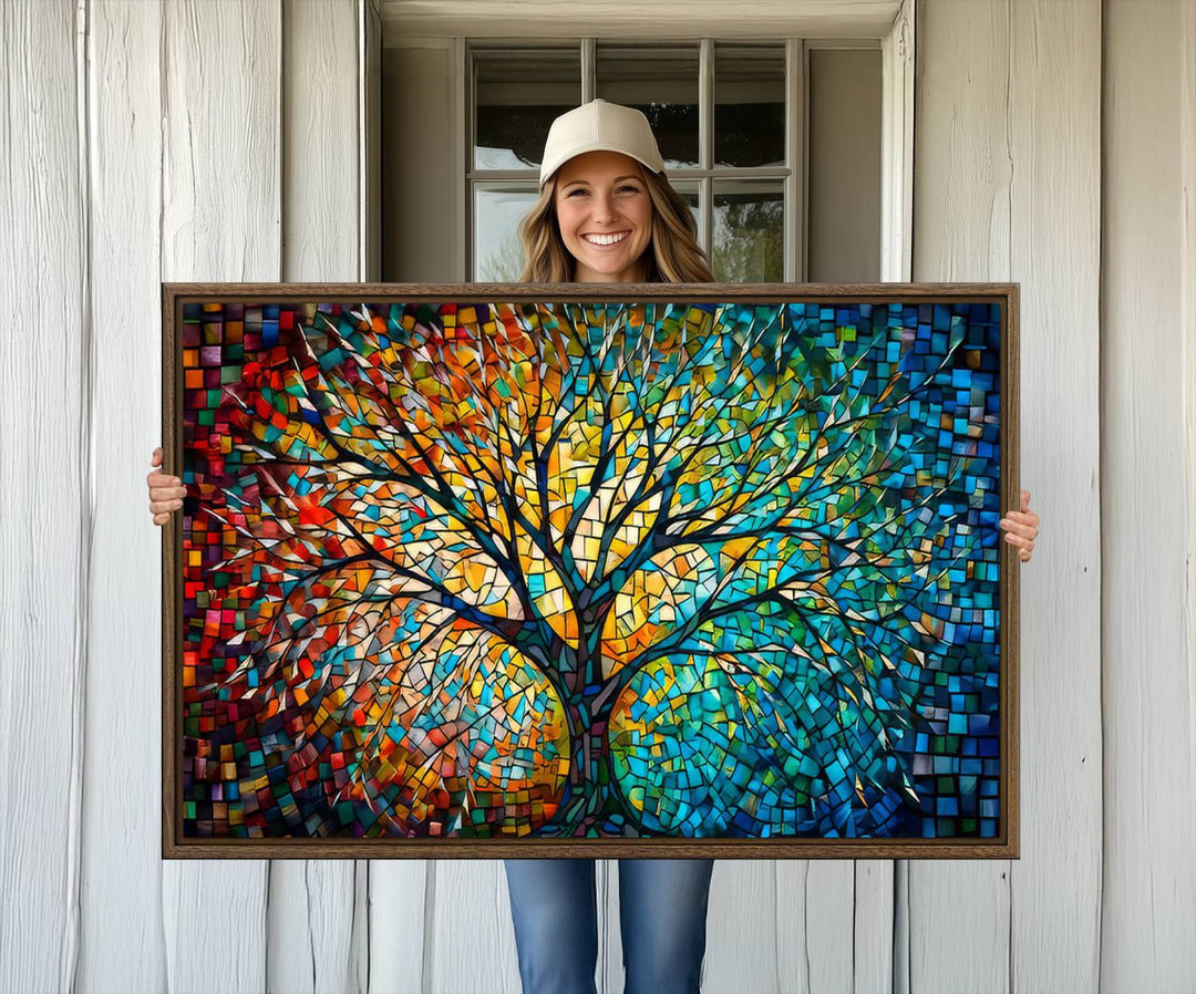 Explore the Yggdrasil Tree of Life Wall Art Print, a 3-panel canvas print made in the USA, featuring a vibrant multicolor mosaic design.