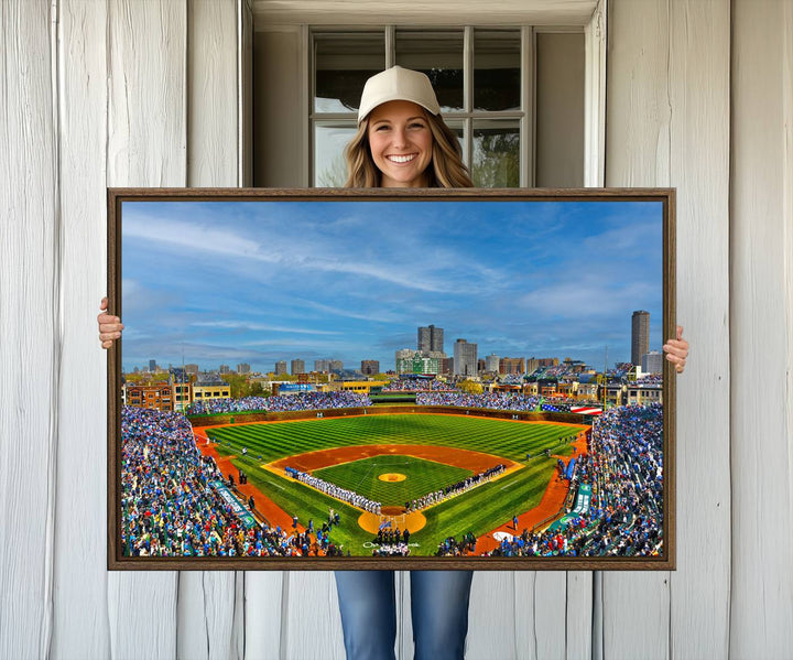 The Wrigley Field Cubs Panoramic Canvas Art hangs prominently in the modern living room.