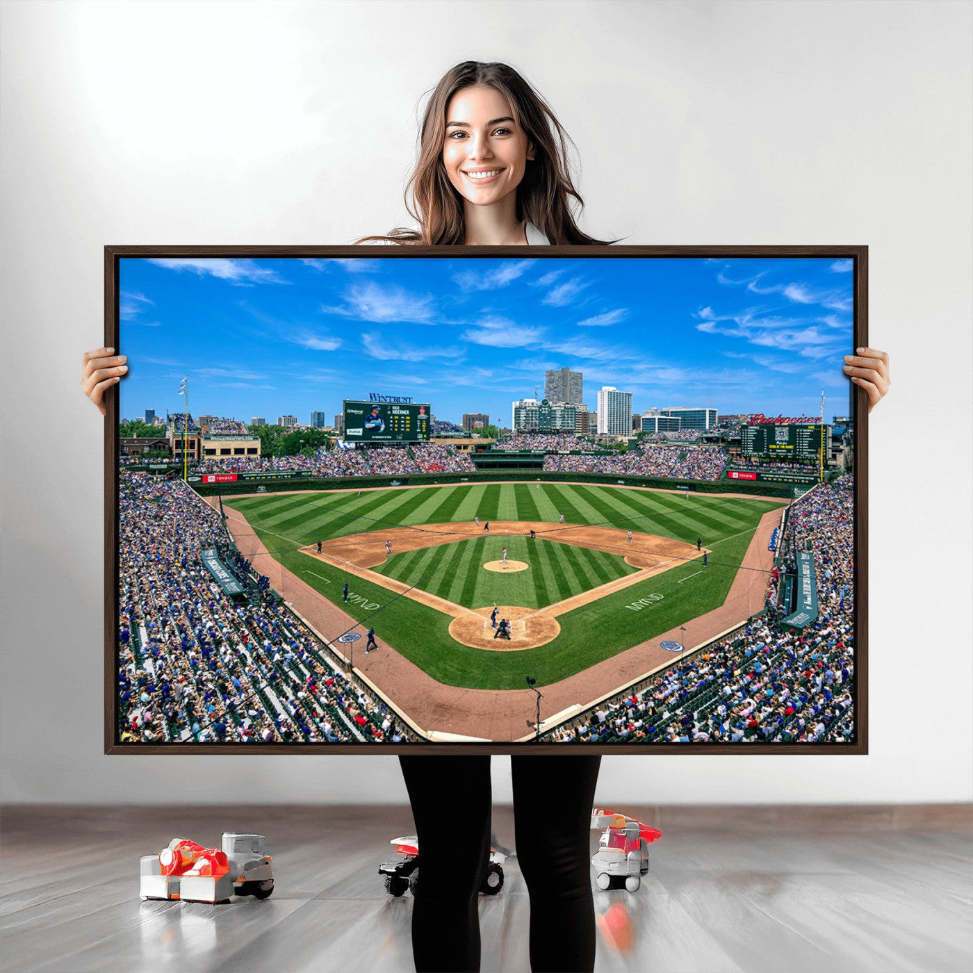 26064-MGV-CV-30X20-Framed Wrigley Field Chicago Cubs Print, Panoramic Multi Piece Canvas Wall Art - Iconic Baseball Stadium Print for Sports Lovers - Ready to