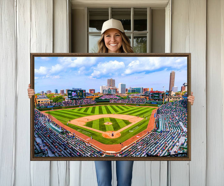 A 3-piece panoramic canvas wall art showcases an aerial view of a packed Chicago Cubs game at Wrigley Field, perfect for sports lovers.