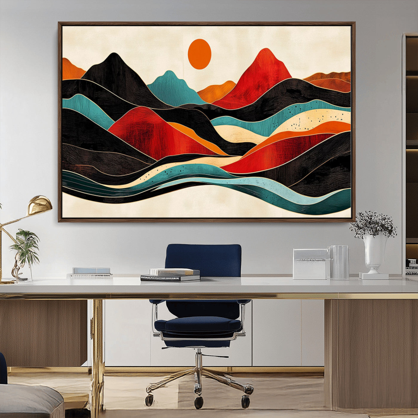 MGV-FC-36X24 - Western Wall Decor - Large Triptych Mountain Canvas - Boho Woodland Wall Art Print - Framed