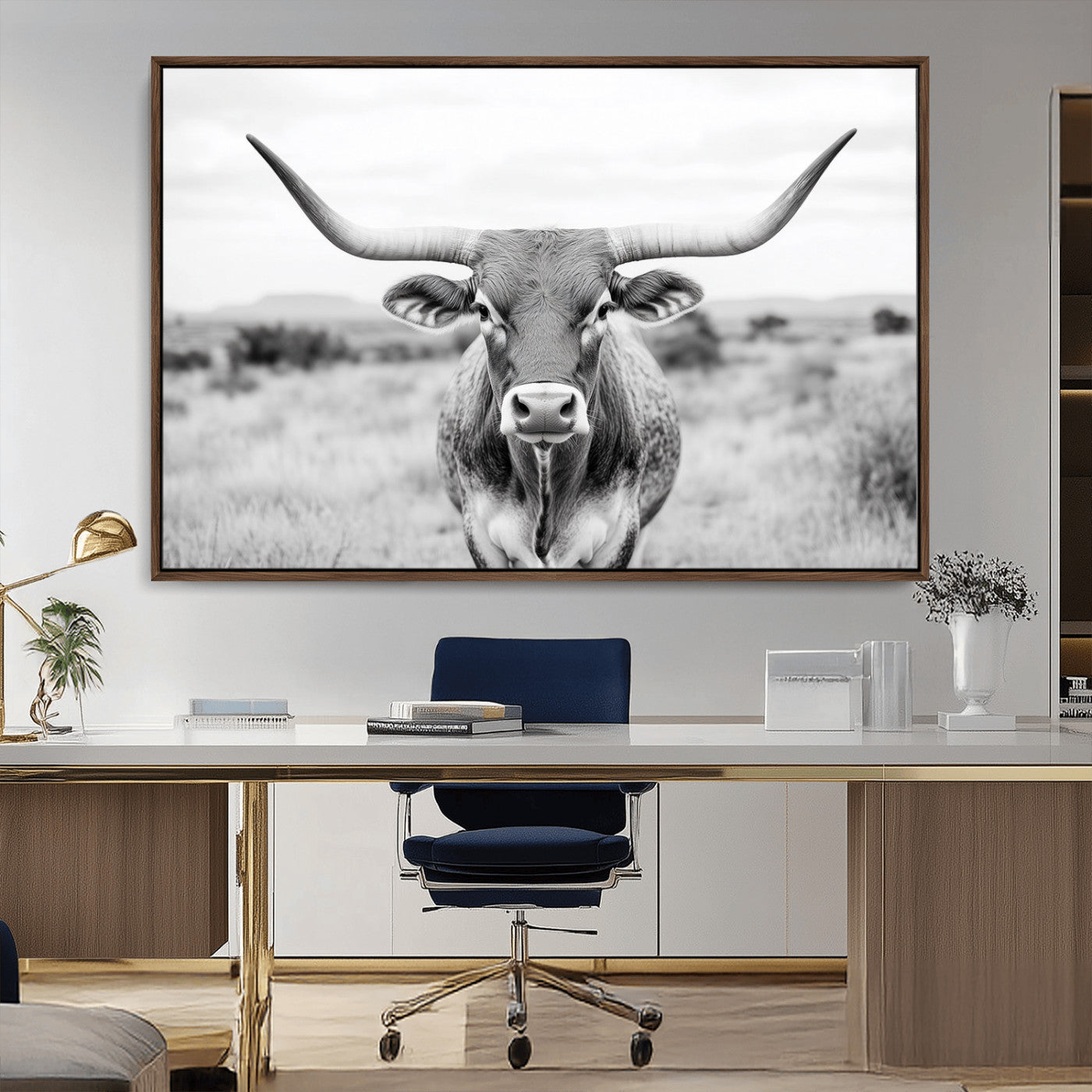MGV-FC-36X24 - Highland Cow Wall Art Print - Black and White Texas Western Longhorn Canvas - Farmhouse Decor Print