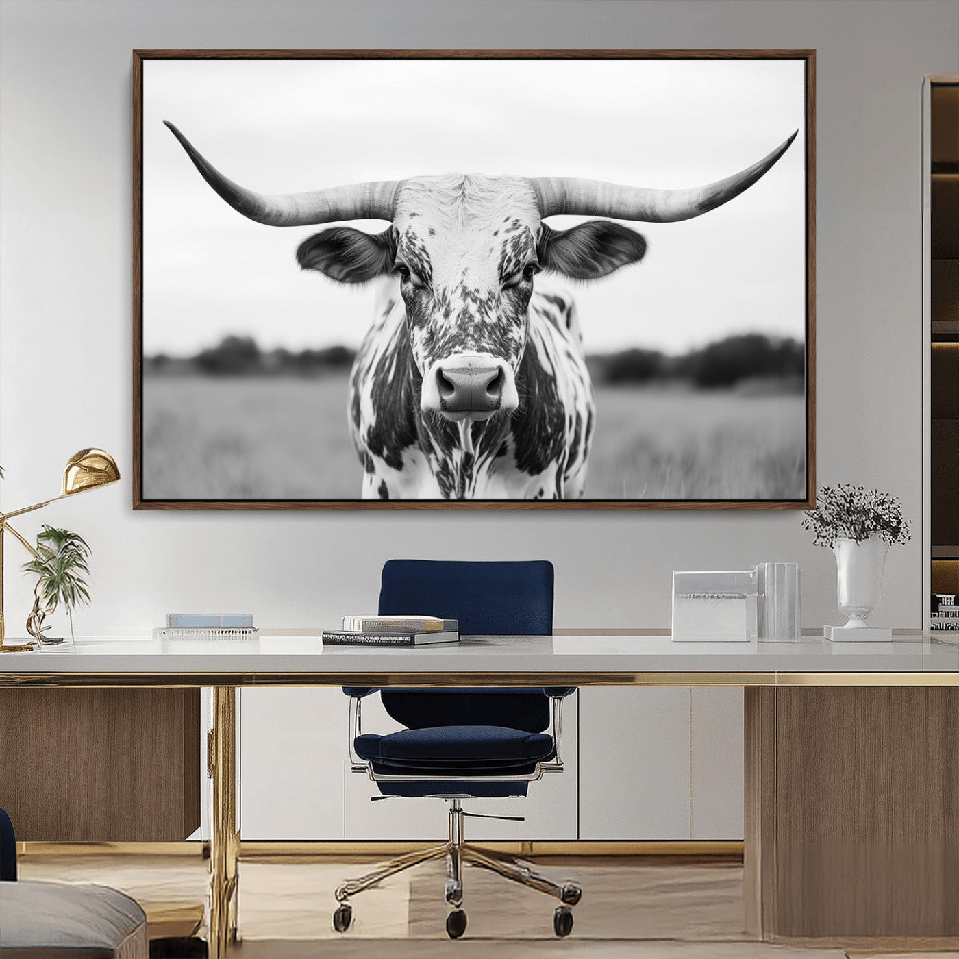 MGV-FC-36X24 - Highland Cow Wall Art - Black and White Western Longhorn Canvas Print - Farmhouse Living Room Decor