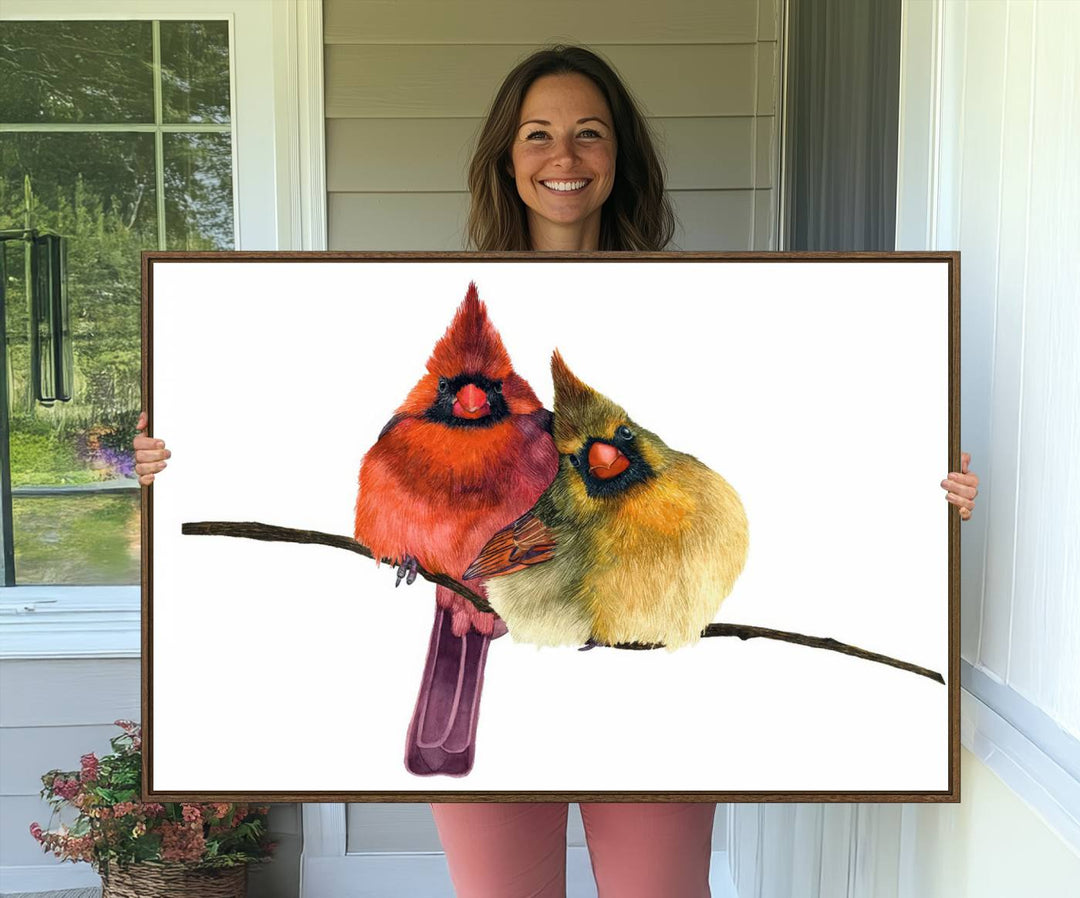 The Cardinal Bird Canvas Wall Art showcases vibrant male and female cardinals, capturing the beauty of nature in vivid detail.