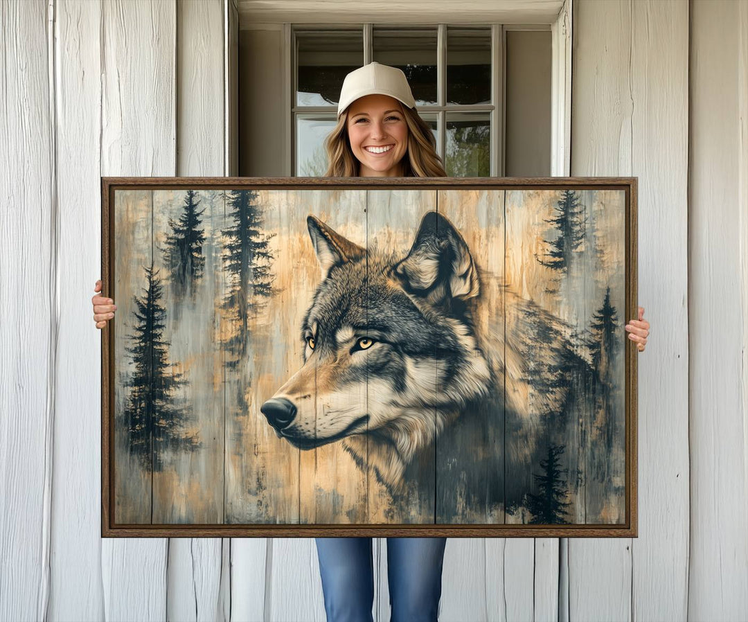 A Wood Style Rustic Wolf Wall Art Canvas Print adorns the kitchen.