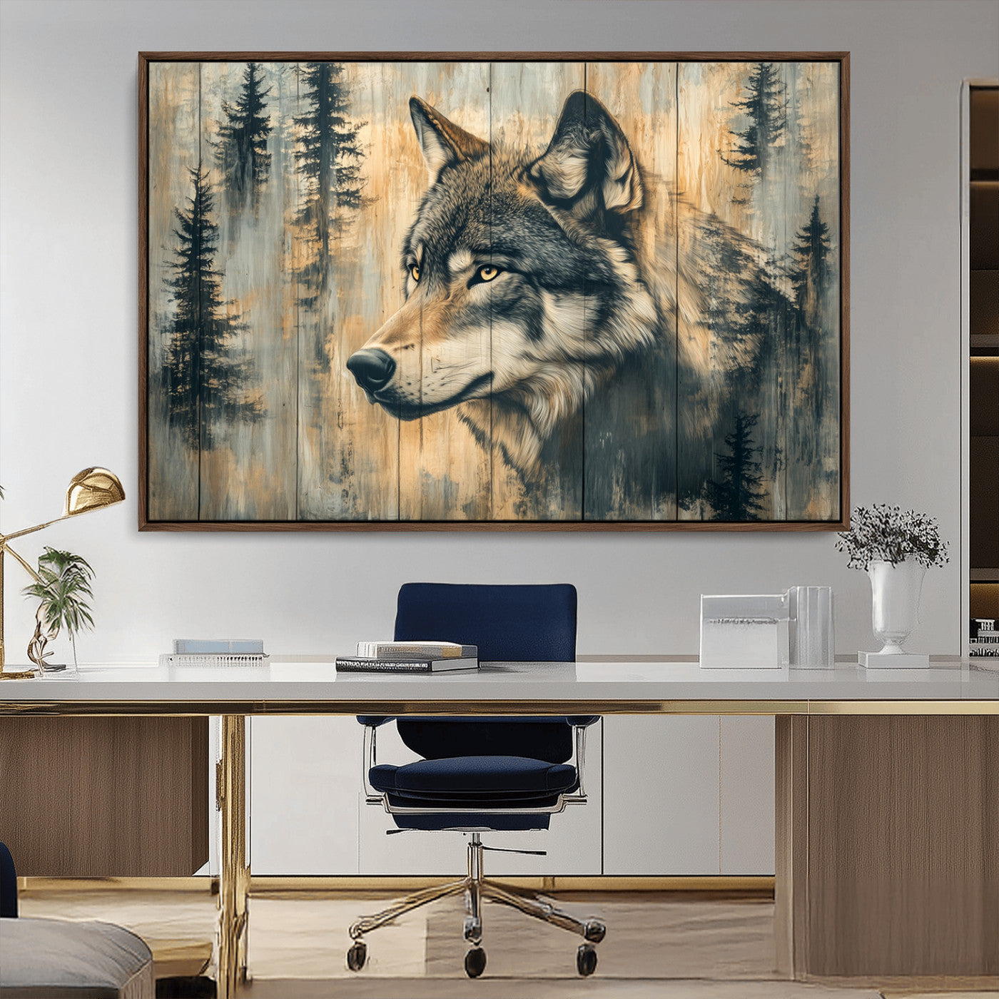 MGV-FC-36X24 - Wood Style Rustic Wolf Wall Art Canvas Print, Vintage Woodland Wolf Wall Art, Framed Wood Style Wolf