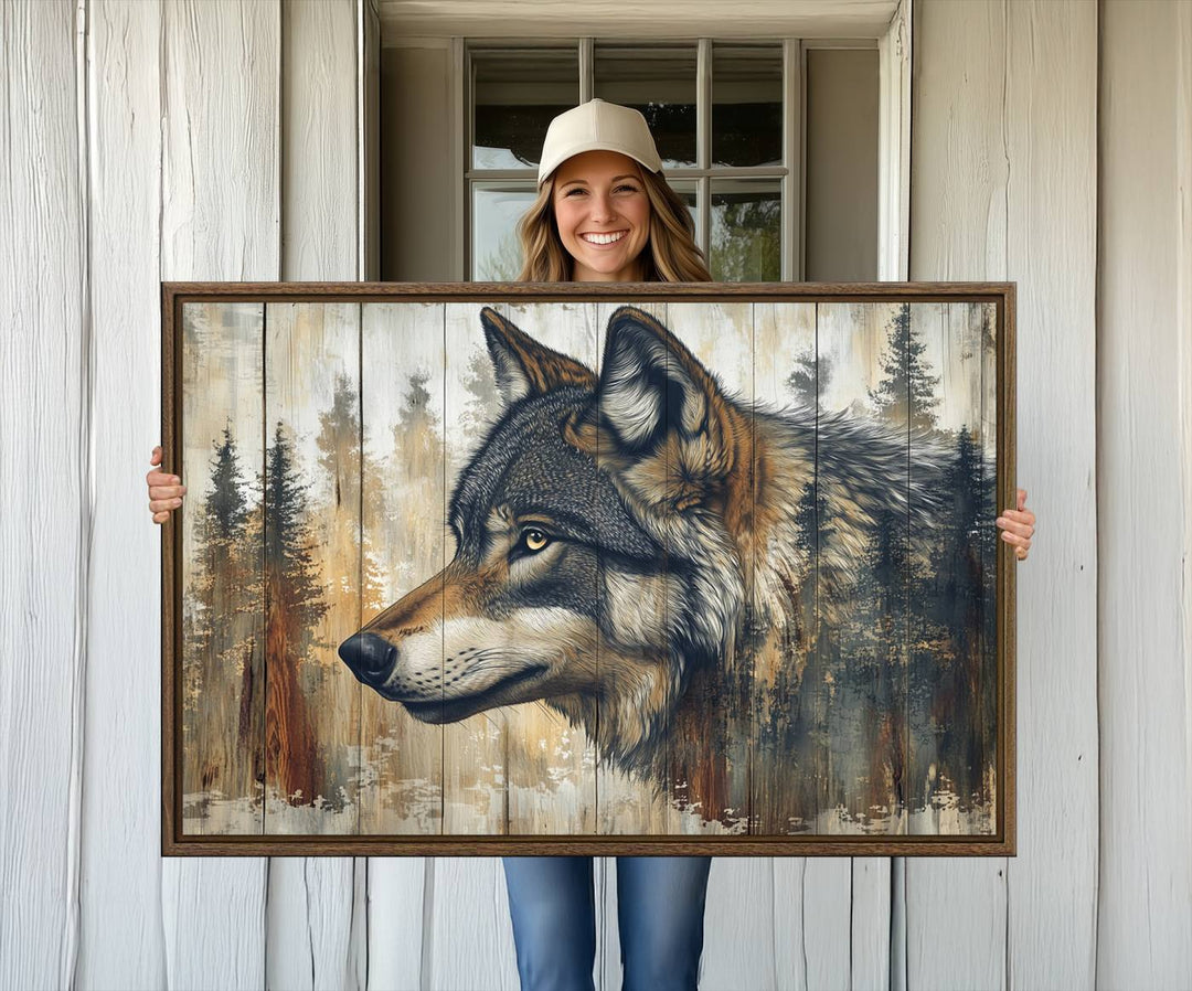 A kitchen dining area features Rustic Wolf Wall Art.