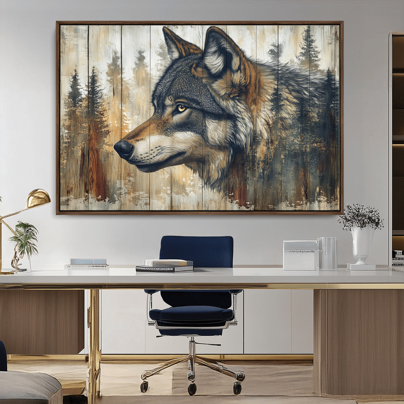 MGV-FC-36X24 - Rustic Wolf Wall Art Canvas Print, Vintage Woodland Wolf Wall Art