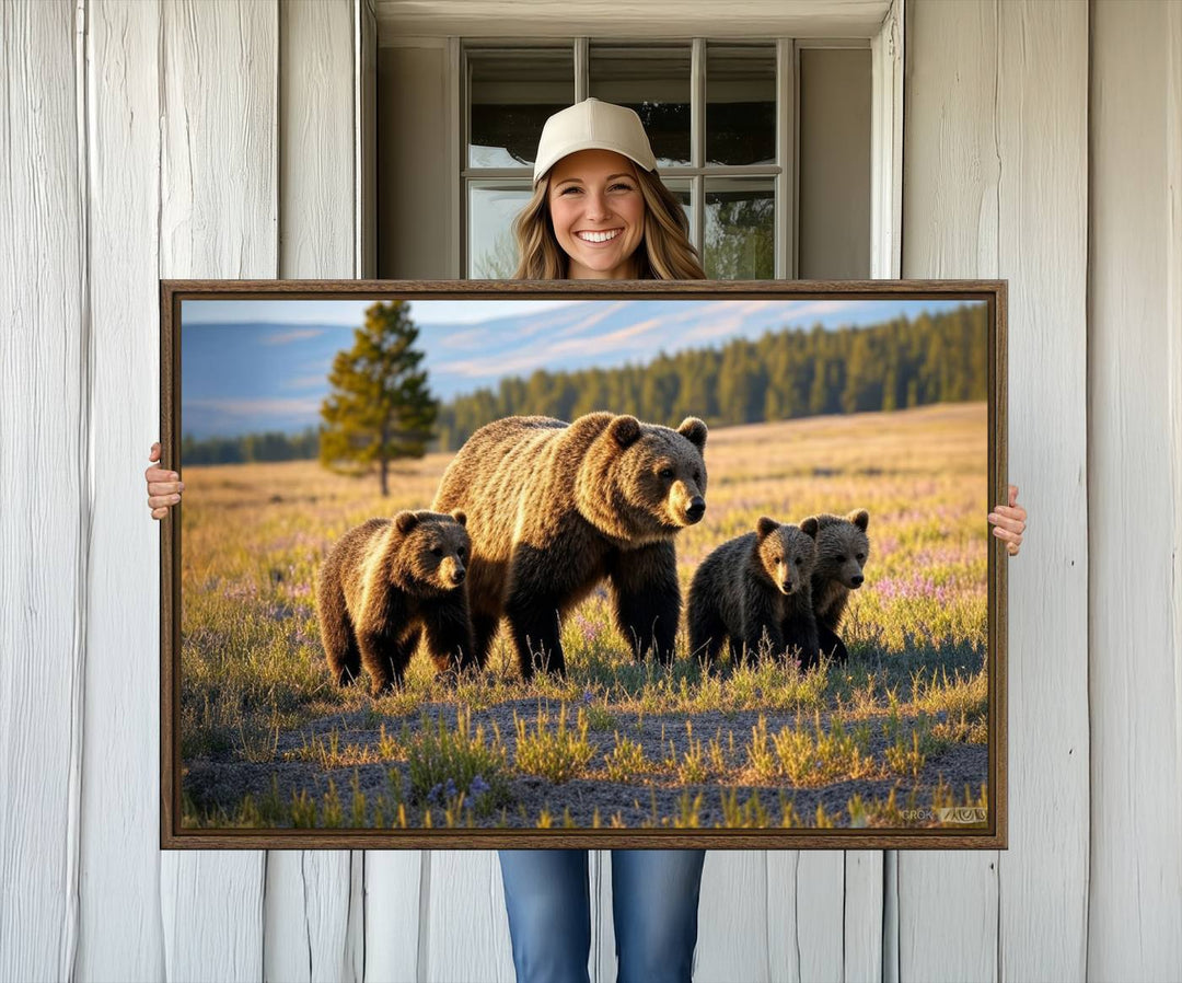 The Grizzly 399 in Wild Flowers wall art canvas print.