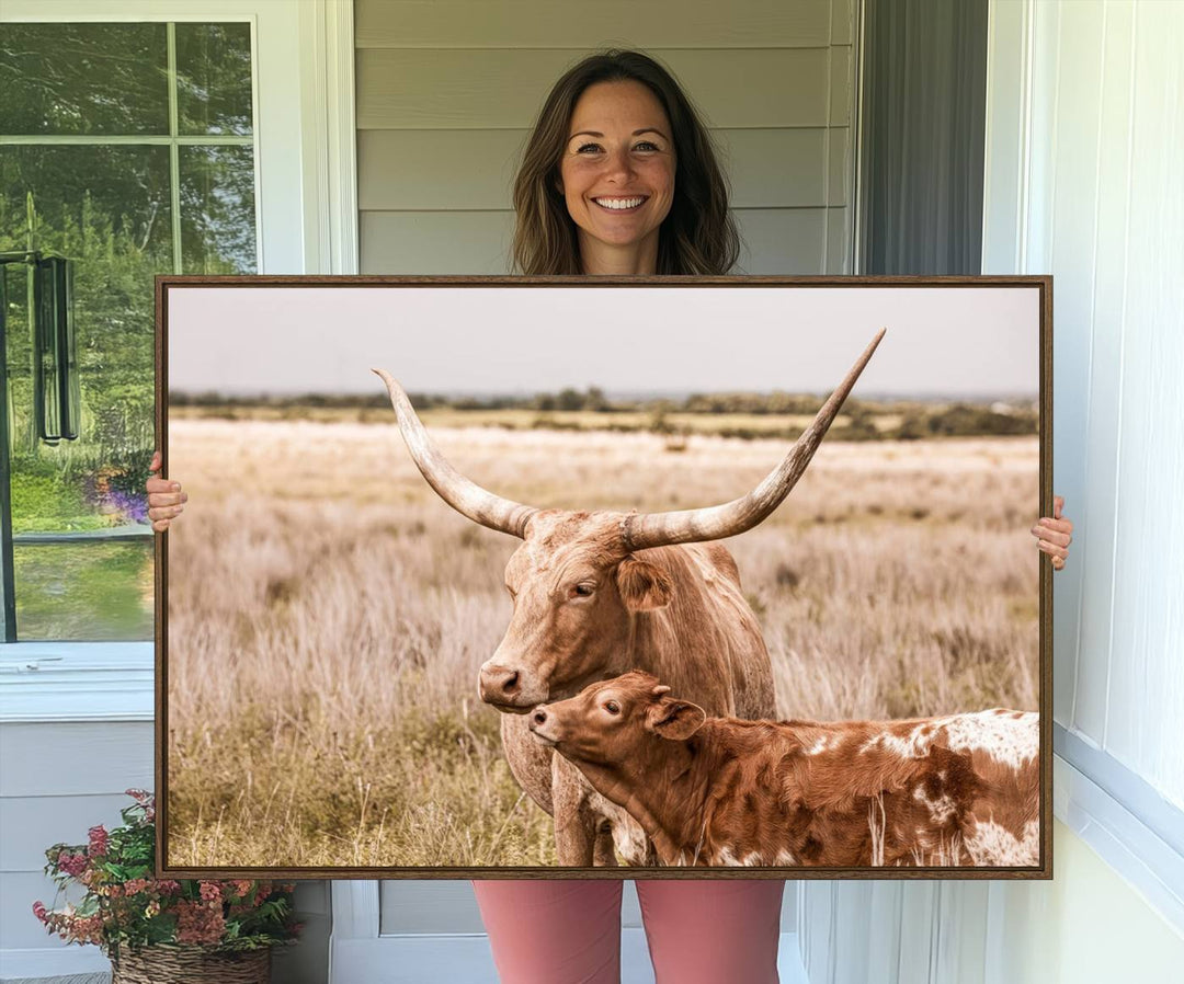 Dining area featuring a Texas Longhorn Cow Wall Art Canvas Print.