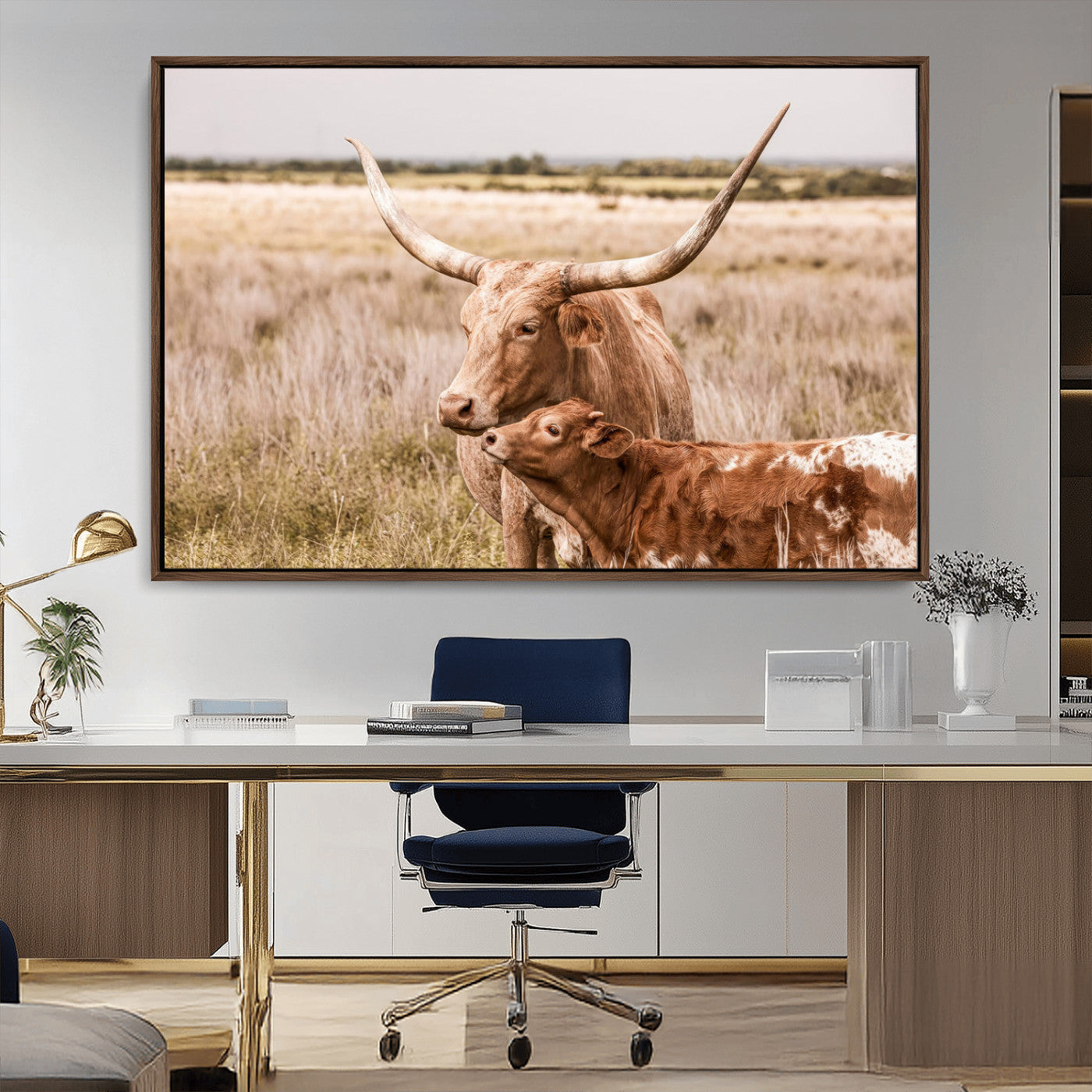 MGV-FC-36X24 - Texas Longhorn Cow Wall Art Canvas Print for Farmhouse Wall Art, Texas Decor, Western Wall Art Print
