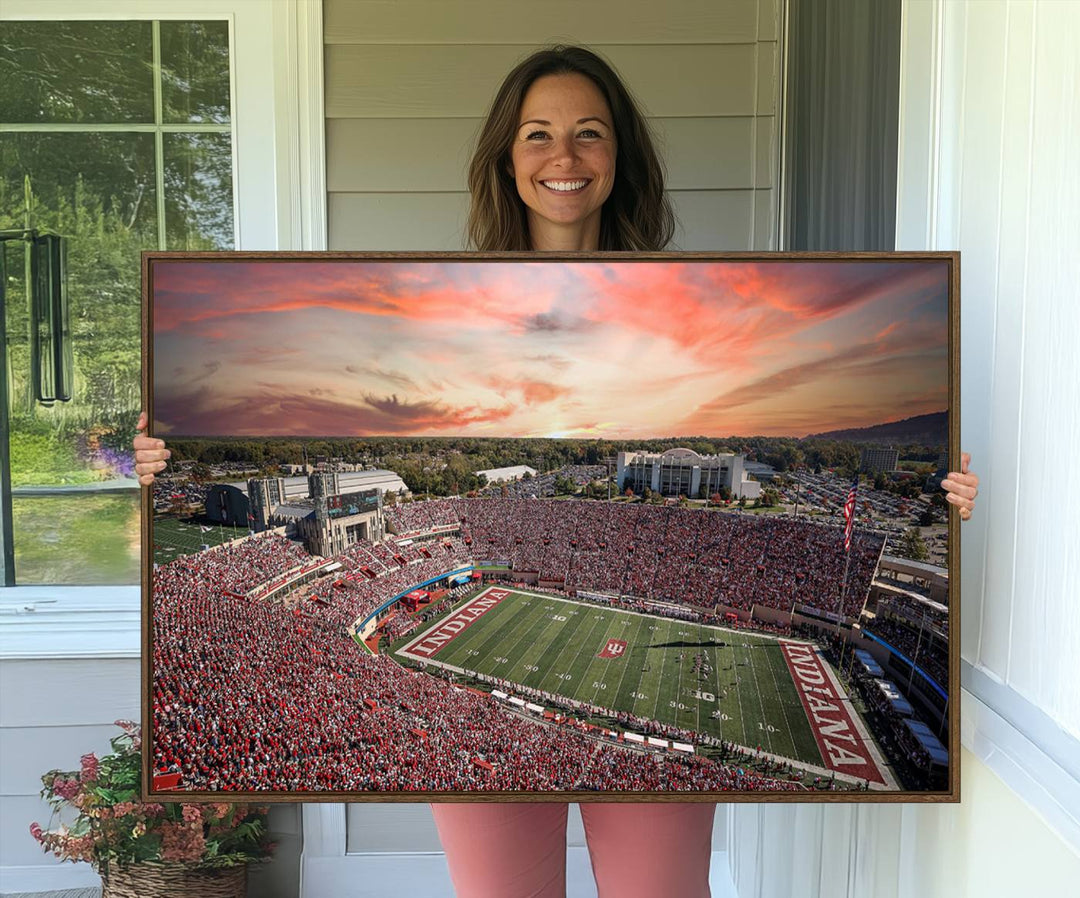 Gallery-quality Indiana Memorial Stadium Wall Art Canvas: A stunning view of the stadium at sunset.