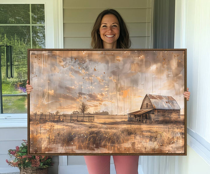 Rustic Farmhouse Wall Art Canvas depicting a barn under a cloudy sky.