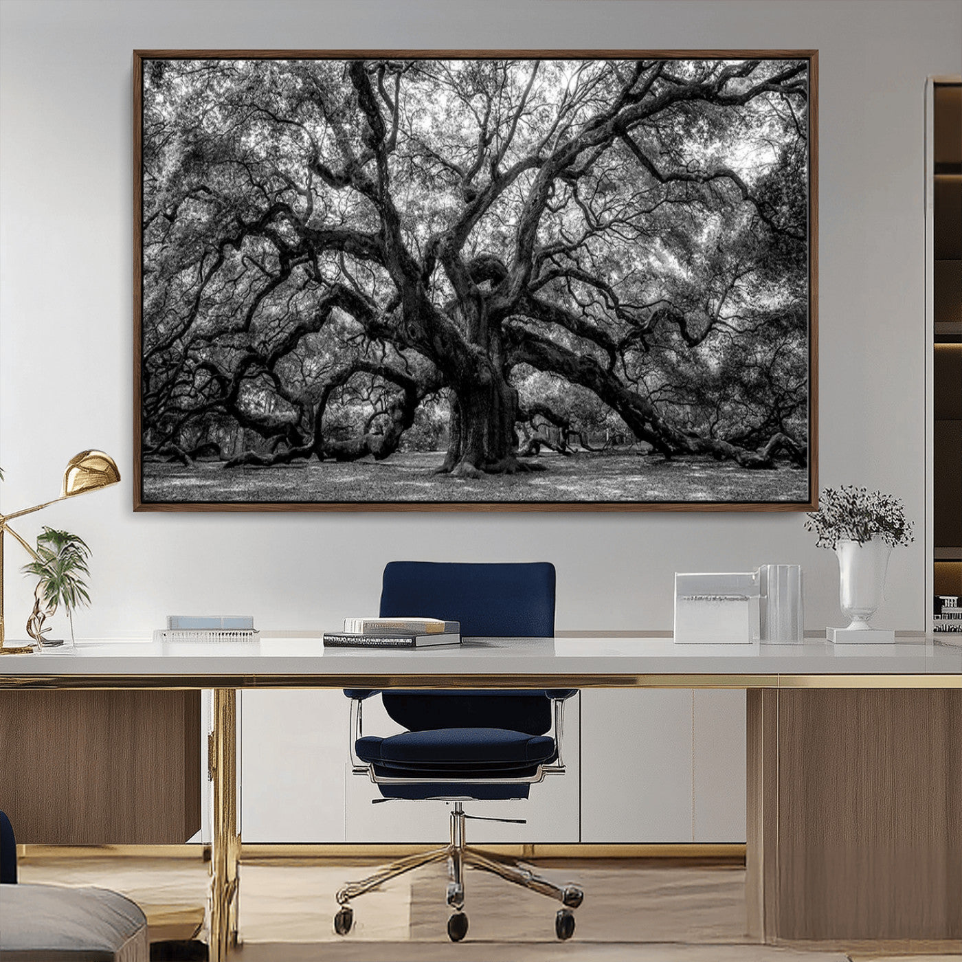 MGV-FC-36X24 - Black and White Old Angel Oak Tree Wall Art Canvas Print