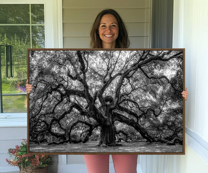 The Black and White Old Angel Oak Tree Canvas Print enhances the modern dining room.