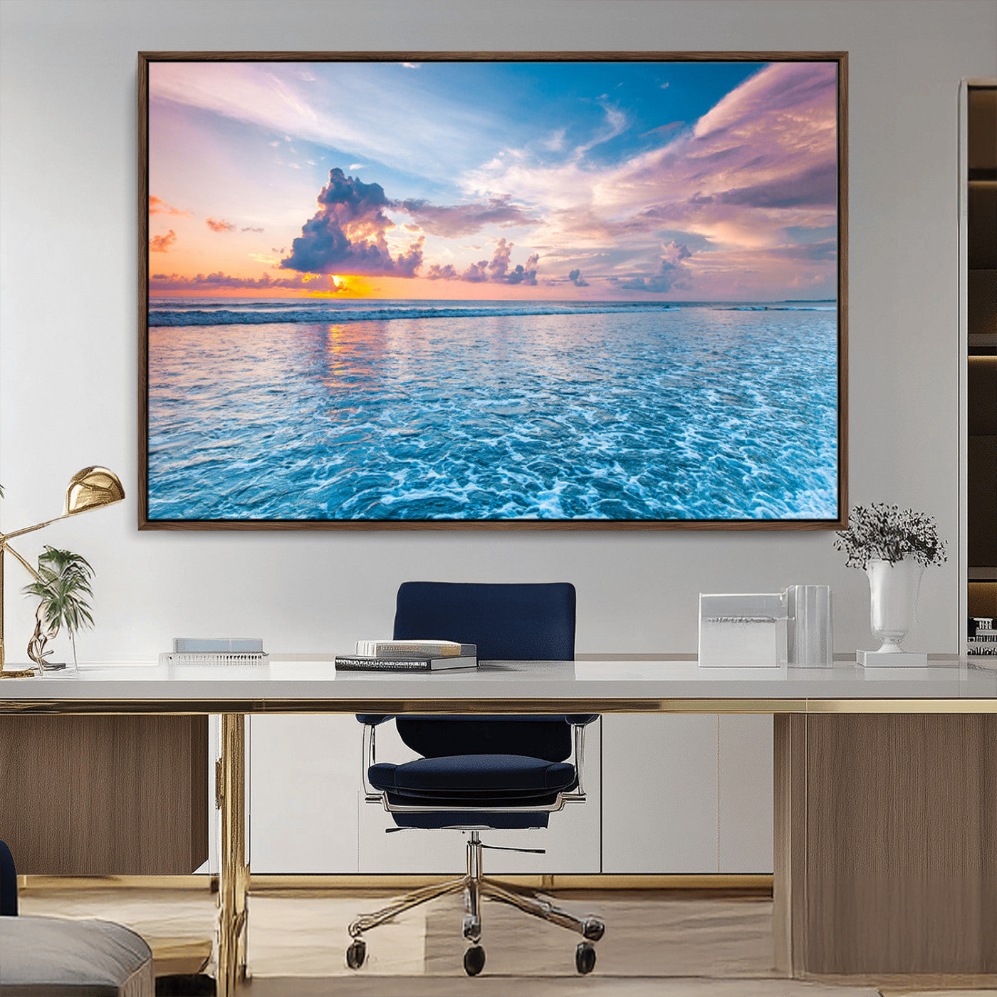 36641-MGV-CV-36X24-Ocean Sunset Canvas Wall Art Print - Tranquil Seascape with Vibrant Sky and Rolling Waves Canvas Print - Coastal Wall Decor for Home or