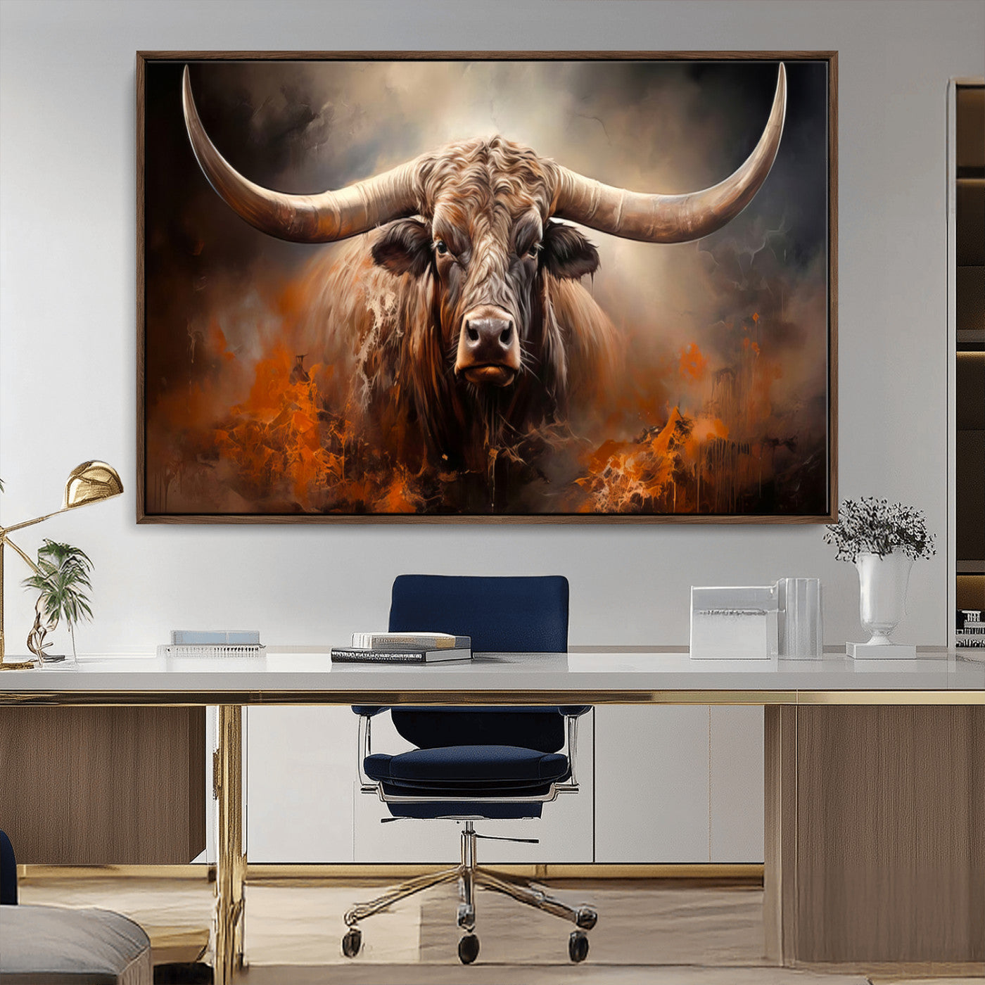 MGV-FC-36X24 - Highland Bull Canvas Abstract Canvas Wall Art Print – Powerful Highland Bull with Striking Horns in