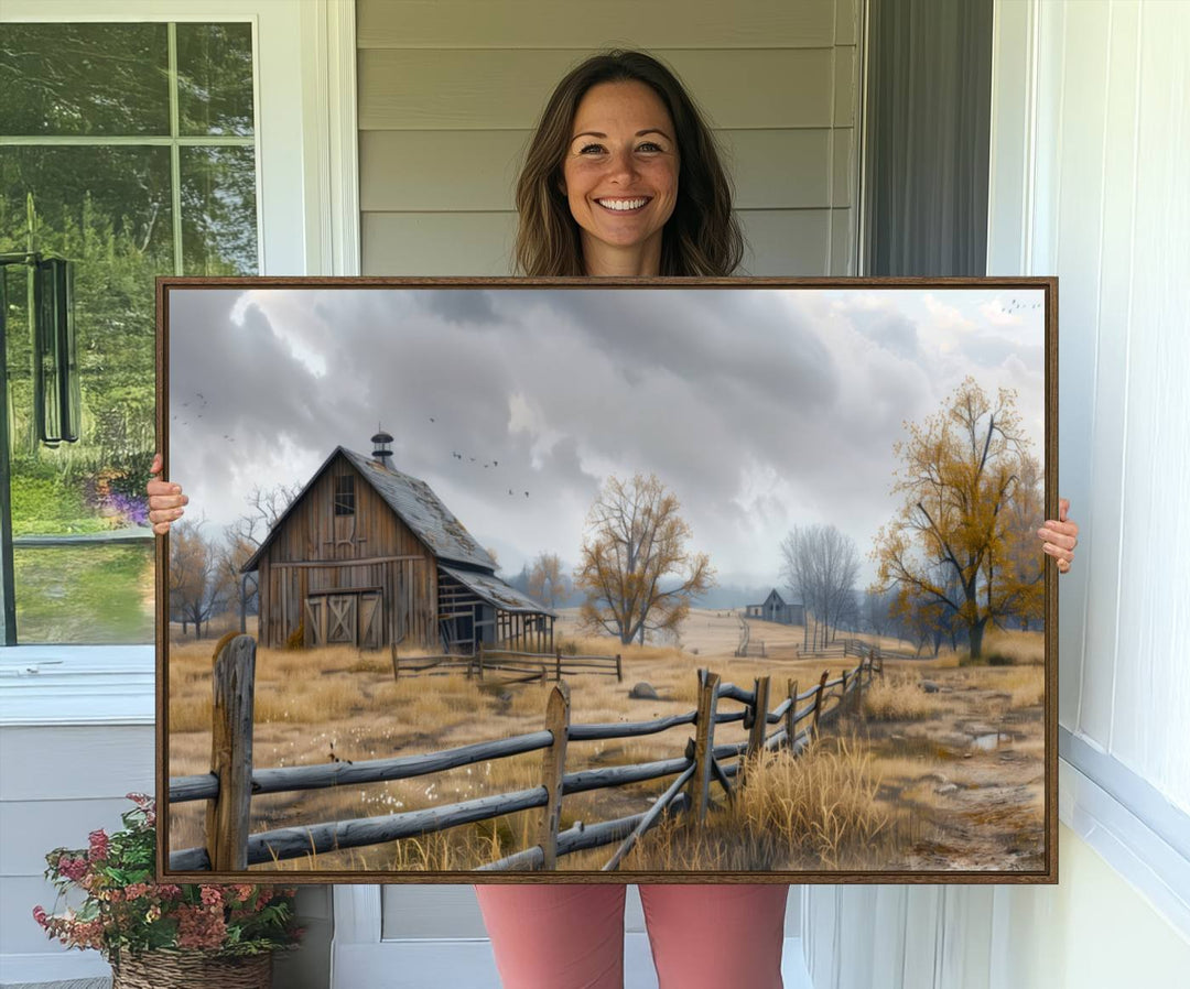 Rustic Autumn Farmhouse Wall Art – Weathered Barn & Trees Canvas Print, featuring a serene scene with birds in the sky. This piece is ready to hang.