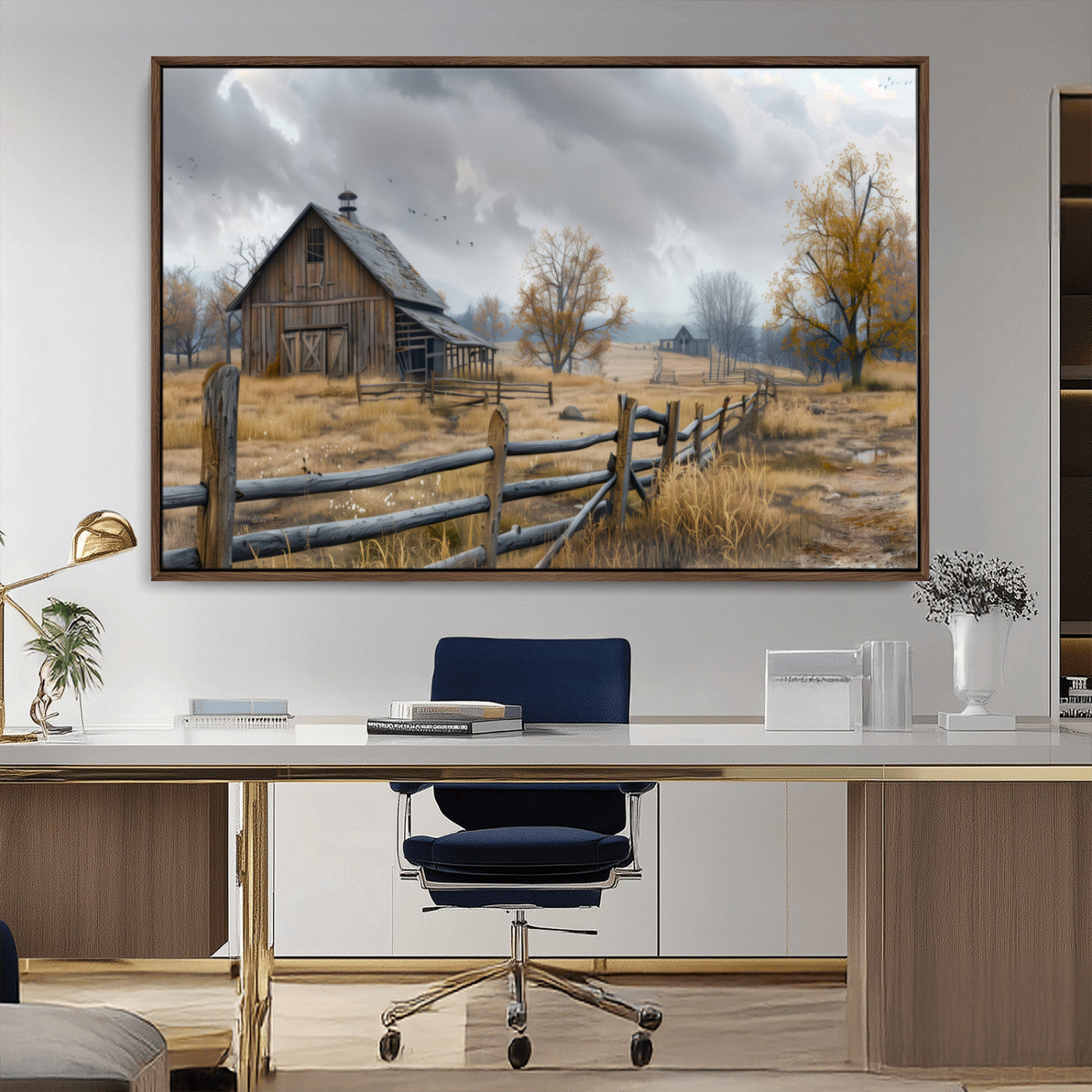 MGV-FC-36X24 - Rustic Autumn Farmhouse Wall Art Canvas Print – Serene Countryside Scene with Weathered Barn and
