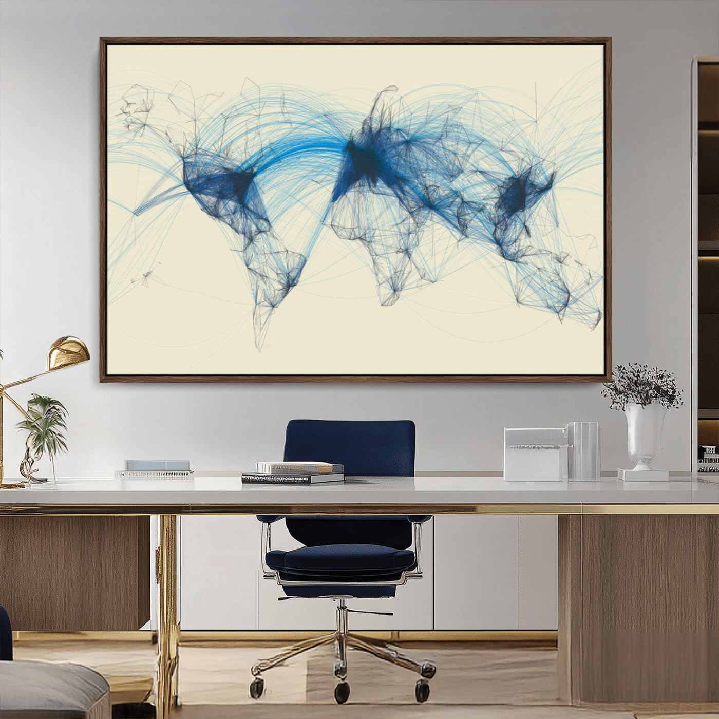 MGV-FC-36X24 - Flight Routes Map art Air Traffic Avi World Map with Blue Connections Canvas Wall Art – Modern