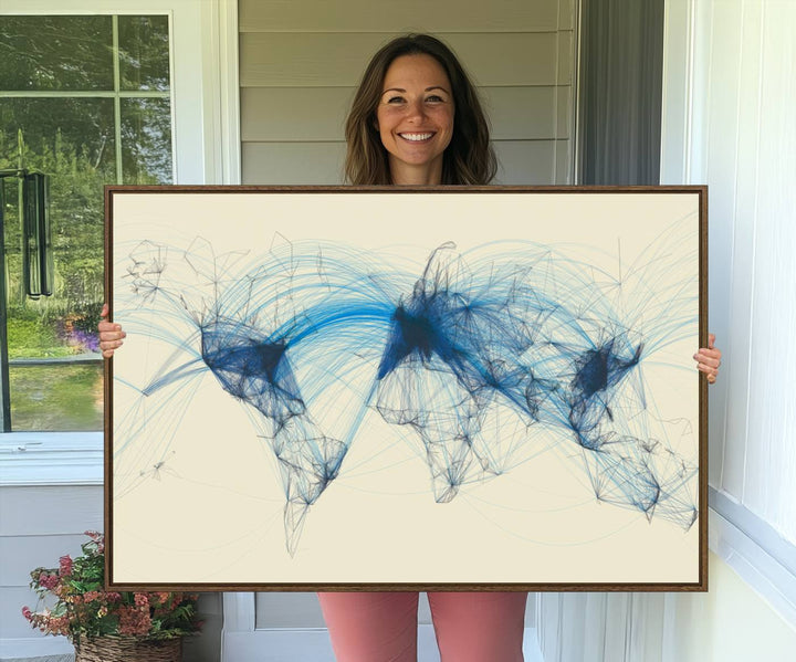 Flight Routes Map: Air Traffic Avi World Map featuring blue lines symbolizing global data. Ideal for home decor and ready to hang.