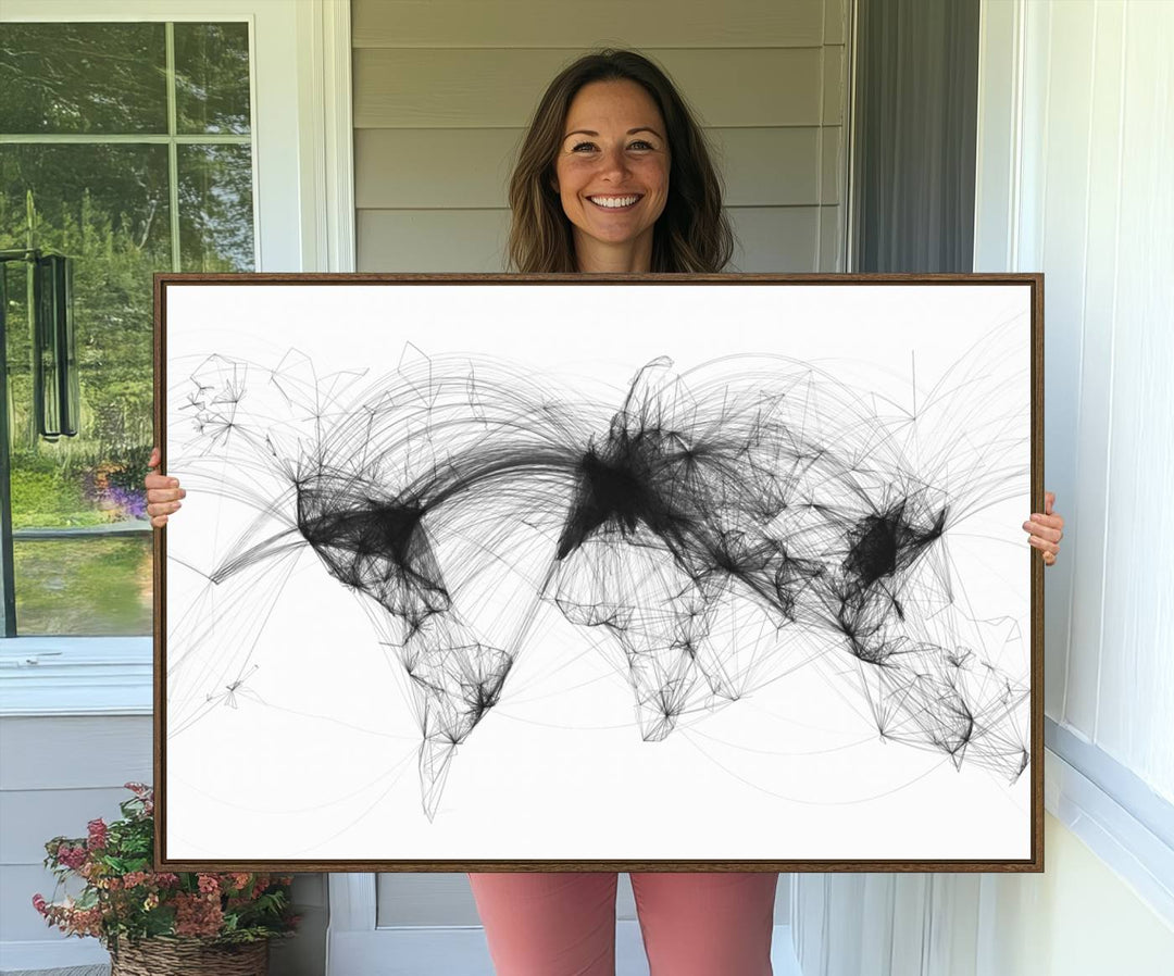 The Flight Routes Air Traffic canvas wall art, framed and ready to hang, is perfect for aviation enthusiasts.