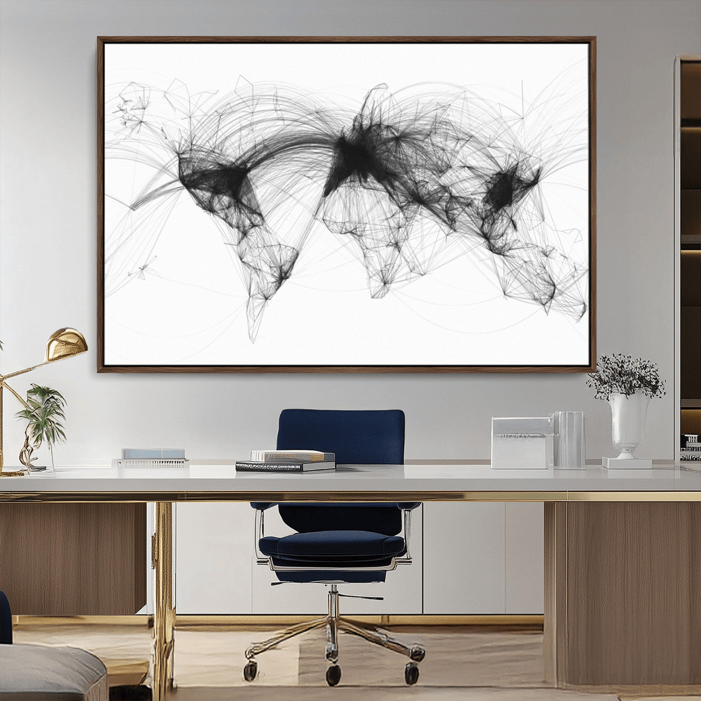 MGV-FC-36X24 - Flight Routes Air Traffic Map Canvas Wall Art - Framed - Ready to Hang