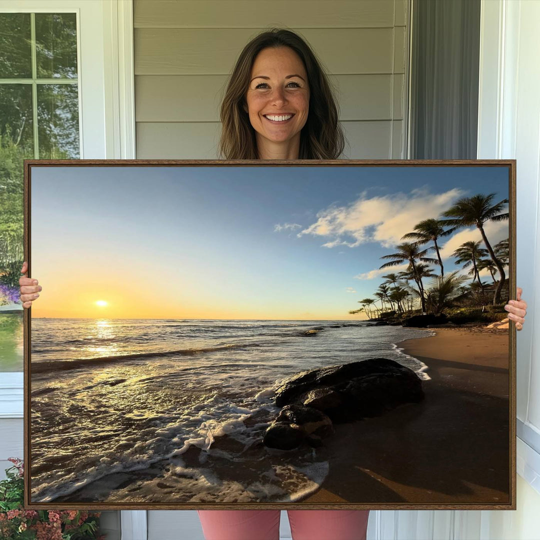 A serene tropical sunset on canvas, featuring palms and waves, serves as perfect Tropical Beach Wall Art for home or office decor.