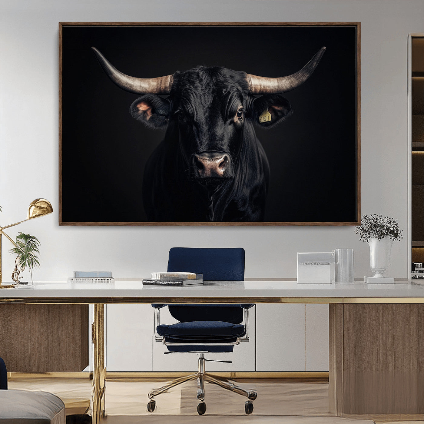 MGV-FC-36X24 - Black Bull Wall Art – Framed Horned Bull Canvas Artwork, Western Cattle Design, Rustic Ranch Style Decor for Home, Office