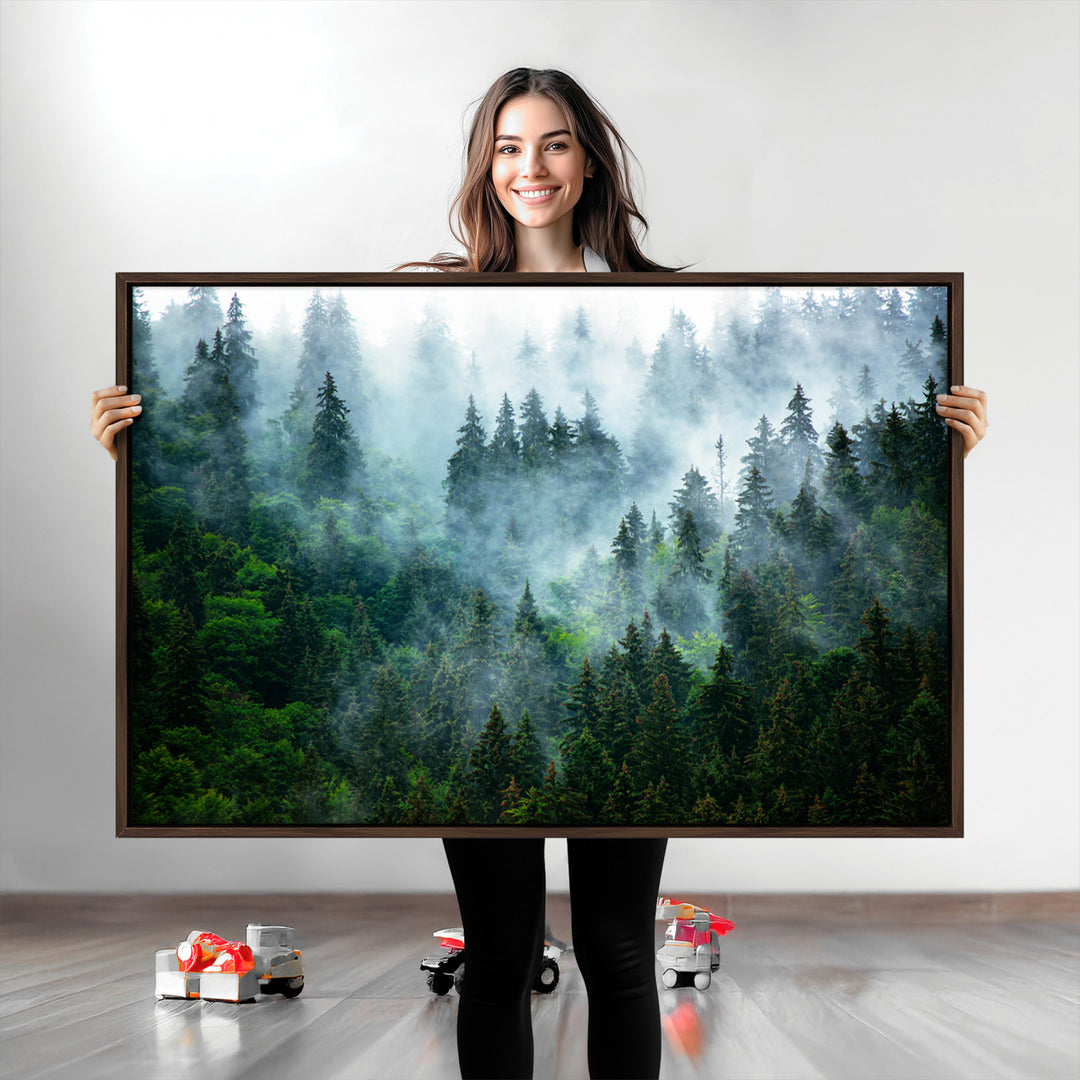 Misty Forest Art Wall Art Canvas Print, Foggy Mountain Art Print, Framed Scenic Wall Print Art Print, Large Woodland Canvas Printing Perfect