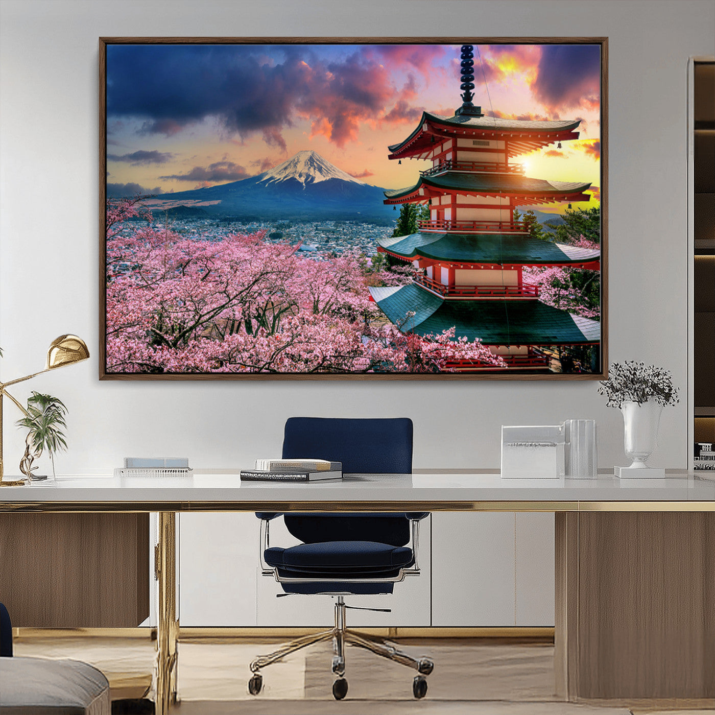 MGV-FC-36X24 - Mount Fuji & Cherry Blossom Wall Art Canvas Print – Iconic Japanese Landscape, Sakura Pagoda Sunset,