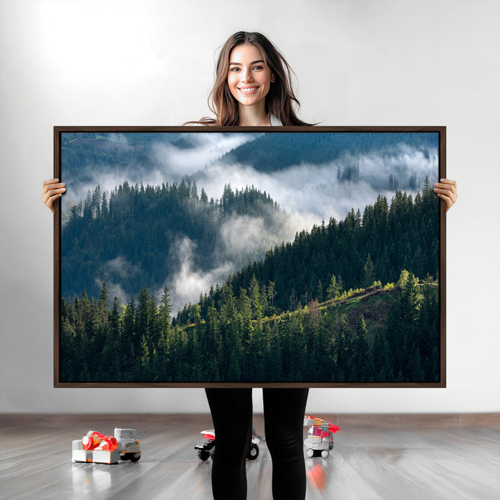 Misty Forest Wall Art Canvas Print, Framed Pine Hills Art Picture Print, Moody Hills Perfect Moody Woodland Decor Artwork