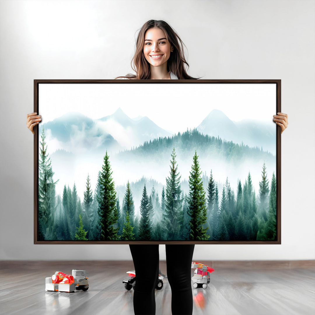 Pine Forest Wall Art Canvas Print, Framed Misty Mountains Art Picture Print, Foggy Trees Perfect Moody Forest Decor Artwork