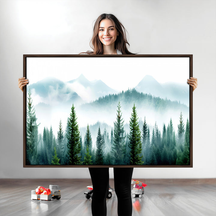 Pine Forest Wall Art Canvas Print, Framed Misty Mountains Art Picture Print, Foggy Trees Perfect Moody Forest Decor Artwork