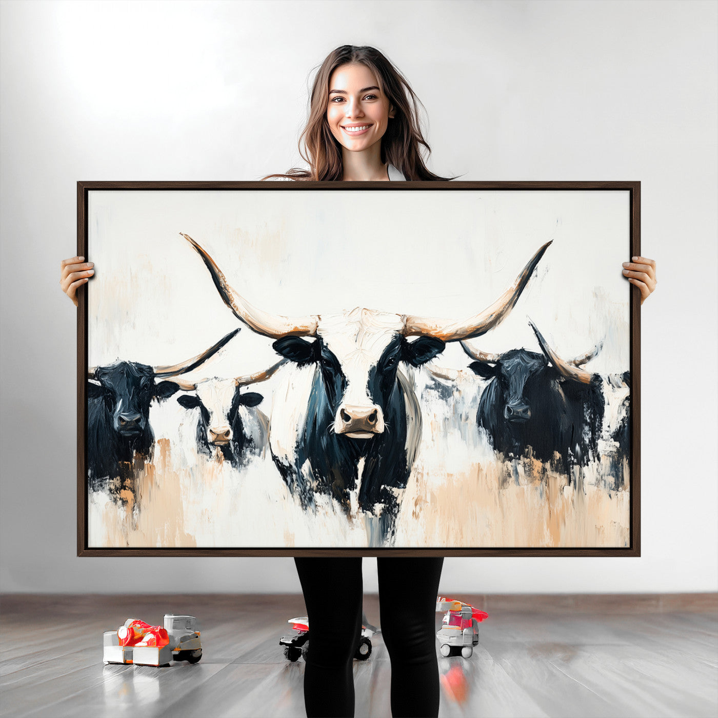 Texas Longhorn Wall Art Canvas Print, Framed Western Cattle Art Picture Print, Horned Bull Perfect Rustic Western Decor, Western Cattle