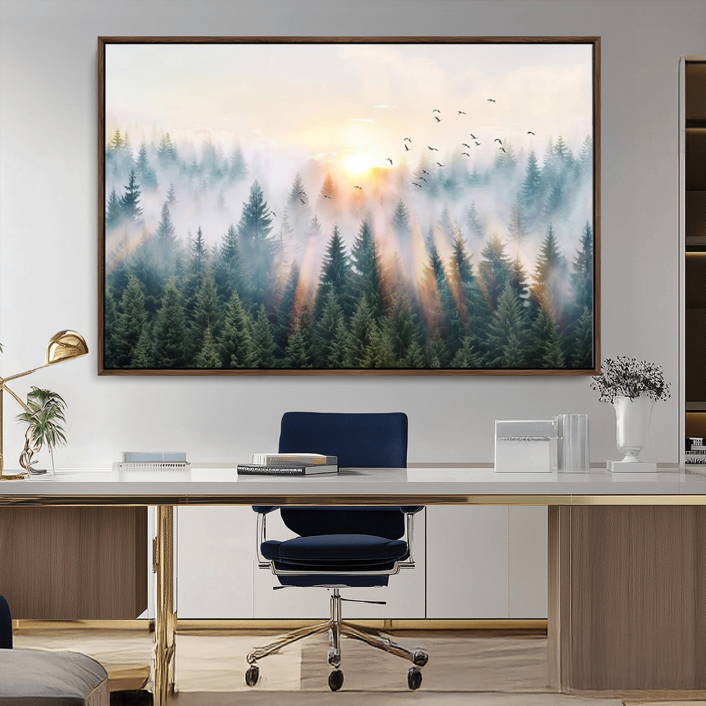 MGV-FC-36X24 - Misty Pine Forest Wall Art Canvas, Sunrise Over Foggy Trees Canvas for Home - Office, Framed