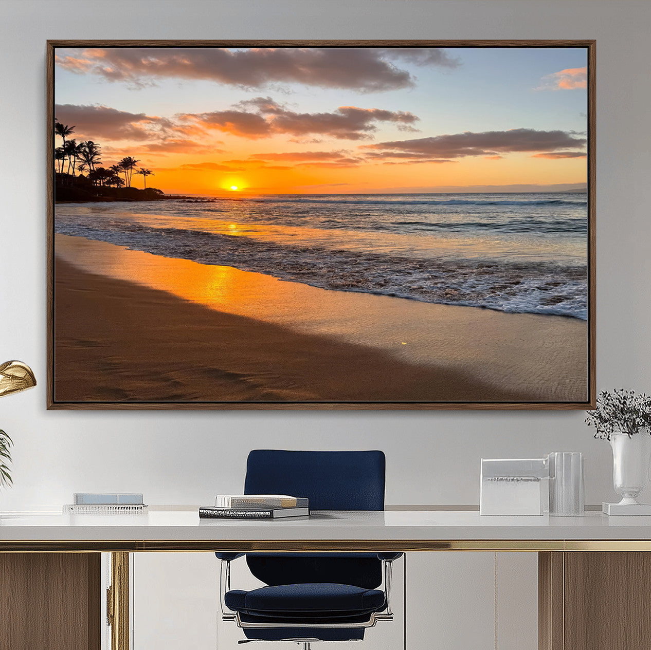 64381660-MGV-CV-36X24-Tropical Beach Wall Art – Framed Sunset Ocean Canvas Artwork, Golden Shore Design, Modern Coastal Decor for Home, Office