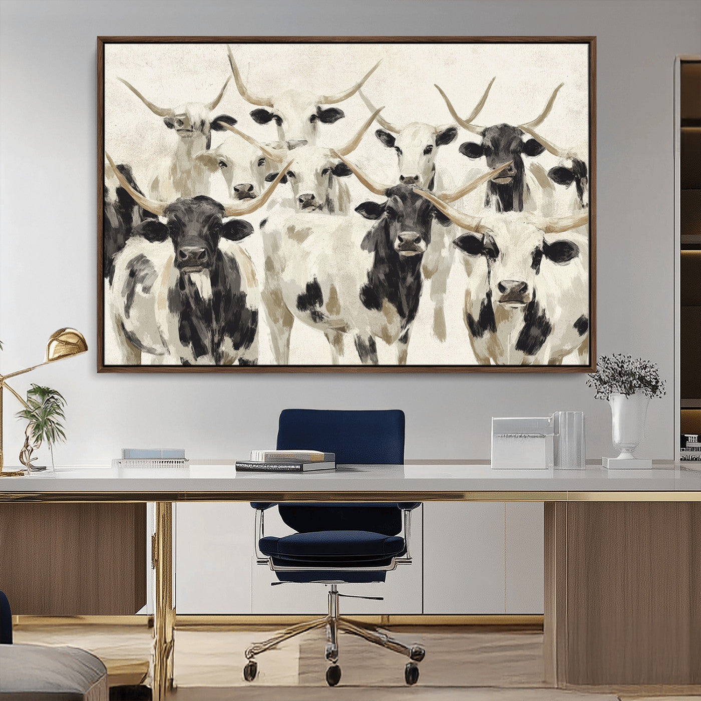 MGV-FC-36X24 - Longhorn Texas Cow Drawing Abstract Wall Art Canvas Print for Farmhouse Decor, Texas Bull Printing