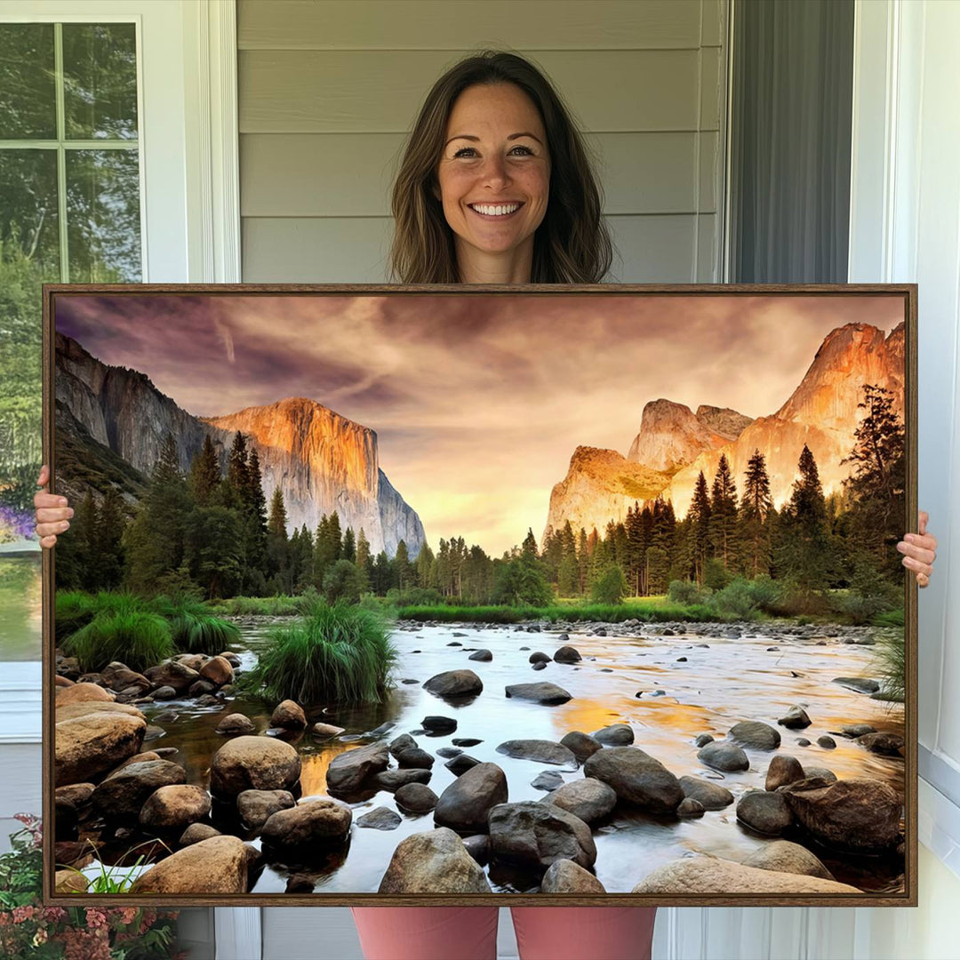 A tranquil riverside sunset mirrors the beauty of a Yosemite wall art masterpiece like the Large El Capitan Print.