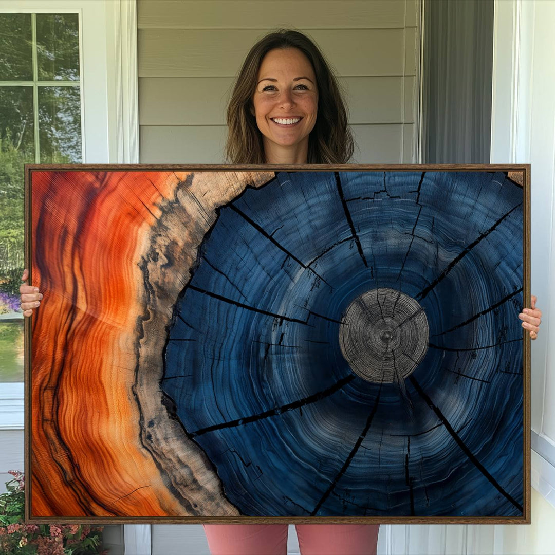 Abstract Tree Rings Canvas Print with vibrant colors—ideal farmhouse wall art for a woodland-themed home.